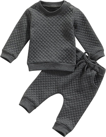 Newborn Baby Boy Girl Clothes Diamond Lattice Unisex Solid Outfit Long Sleeve Warm Pullover Pant Set